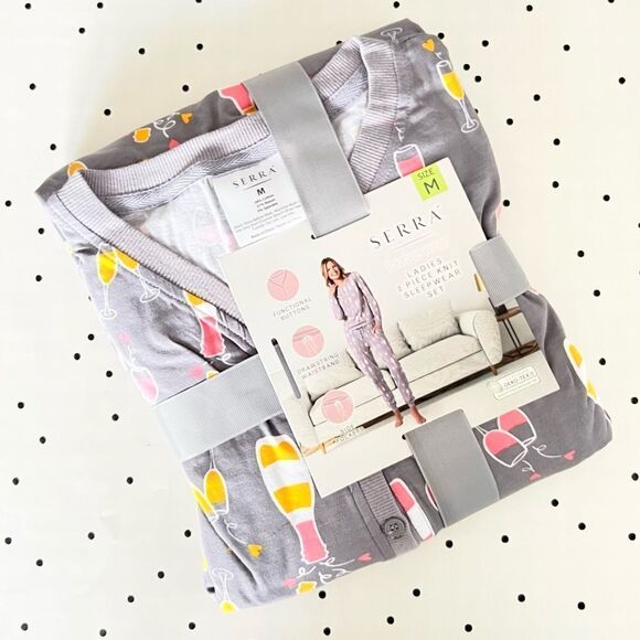 🍷 SERRA 🍷 wine champagne glass PJs pajamas set size M cotton gray pink - Picture 7 of 10